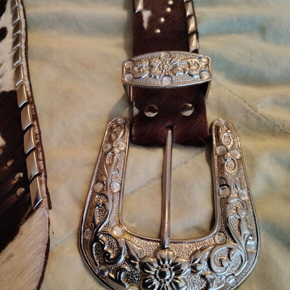 WOMEN'S WESTERN CRYSTAL RHINESTONE Genuine FUR LEATHER BELT - Size Small - Picture 4 of 4